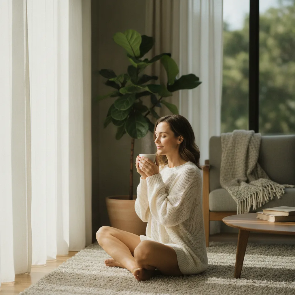 Woman smiling peacefully, calm and centered after OvaGlow