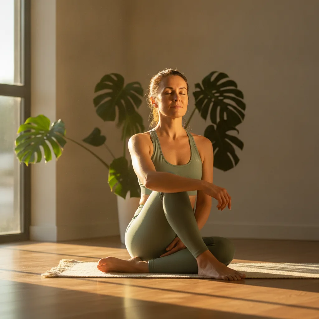 Woman practicing gentle yoga at sunrise, radiant and balanced after OvaGlow