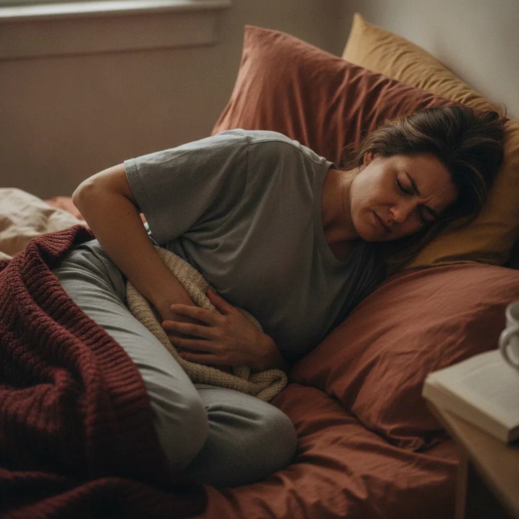 Woman lying in bed looking unwell and exhausted before OvaGlow