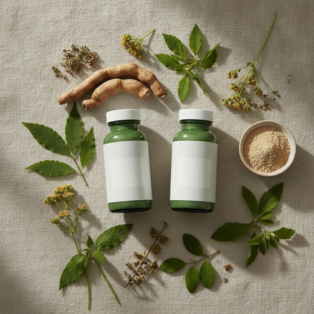 OvaGlow supplement bottles amid botanical herbs