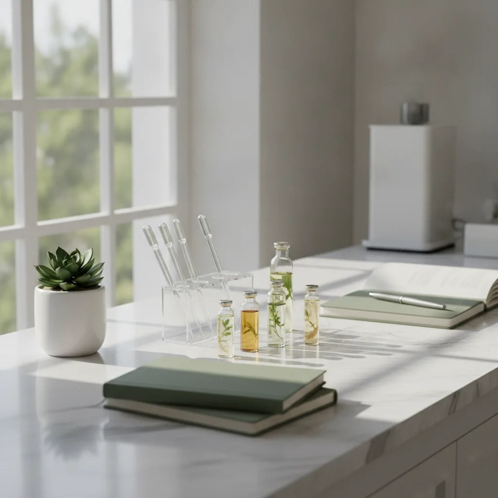 Clean botanical lab workspace with pipettes and green plant extract